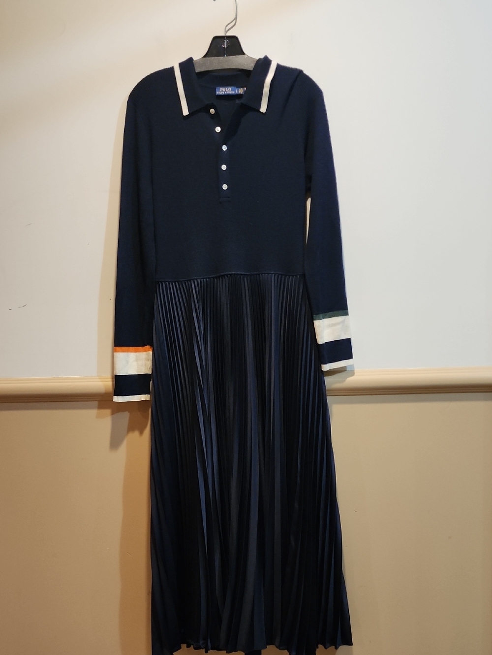 Ralph Lauren Navy Polo Pleated Midi Dress with Cream Collar and Stripe Accents